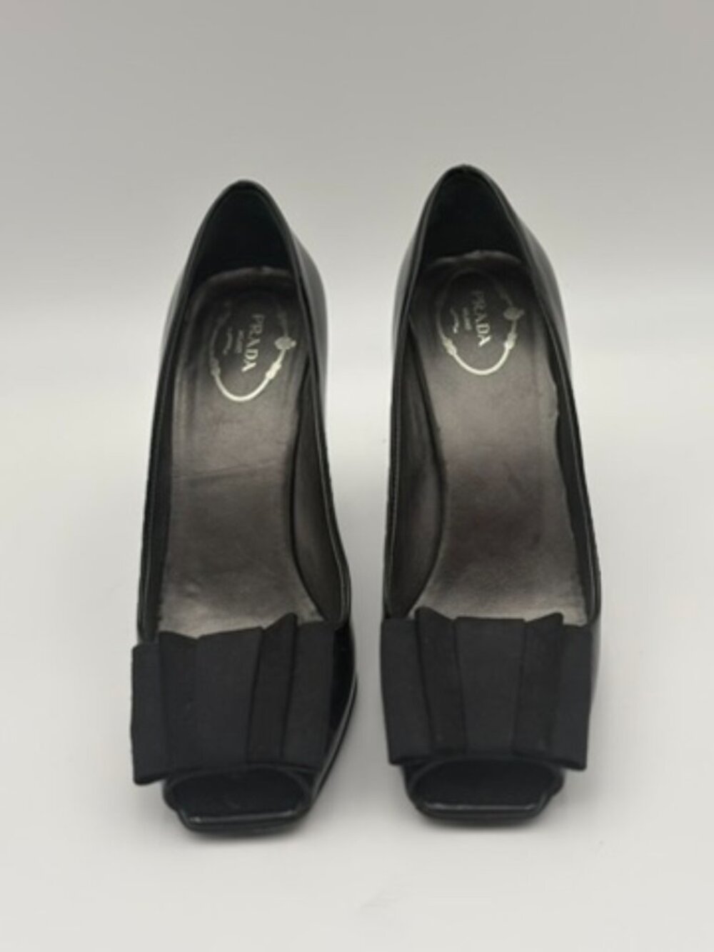 Prada Black Patent Leather Peep Toe Pumps with Grosgrain Bow — Size 39 (US 9)